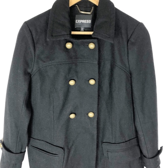 Express Women’s Black Rectangular Wool Blend Winter Cold Weather Preppy Pea Coat - Picture 5 of 16